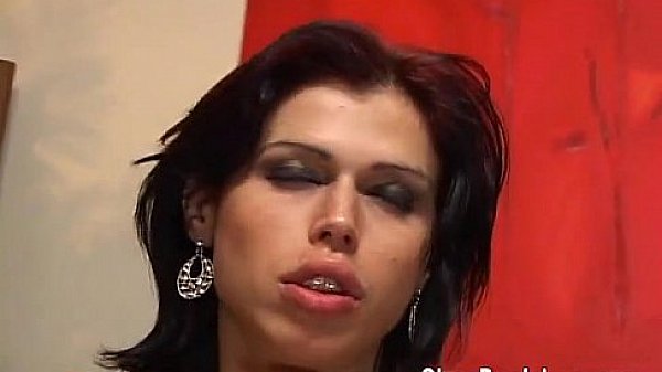 Busty Latina shemale cums with a willing sub in the kitchen counter —