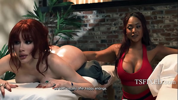Busty Ebony Masseuse Gives Trans Couple A Happy Ending Sandwich Massage  | TSFixed