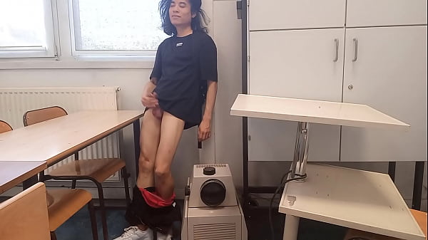 Cum at School, This Horny Student Twink Wanks his Smooth Cock and