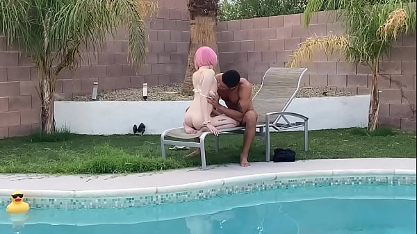 Tiny Trans Cutie Claire Gemini Sucks Huge Cock by the Pool